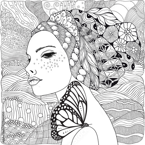 Young beautiful woman and butterfly. Beach, facing out to sea. Black and white doodle coloring book page for adult and children.
