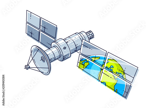 Artificial orbital satellite floating in weightlessness and reflecting earth in solar panels like in the mirror, science and communication technology. Thin line 3d vector illustration.