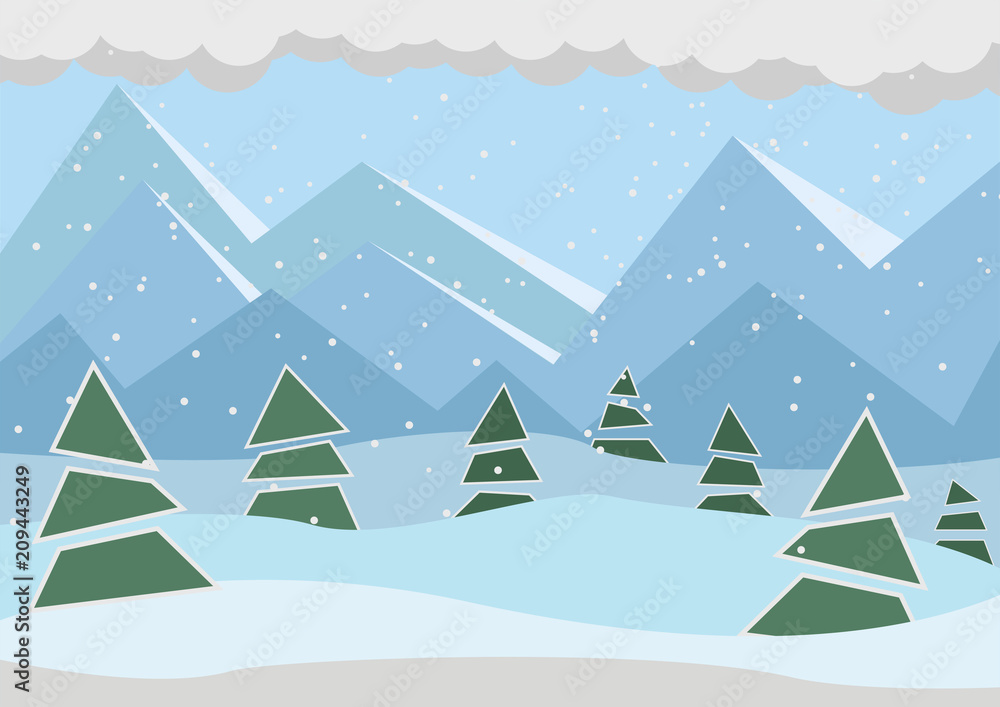 Winter landscape with falling snow. Vector illustration.