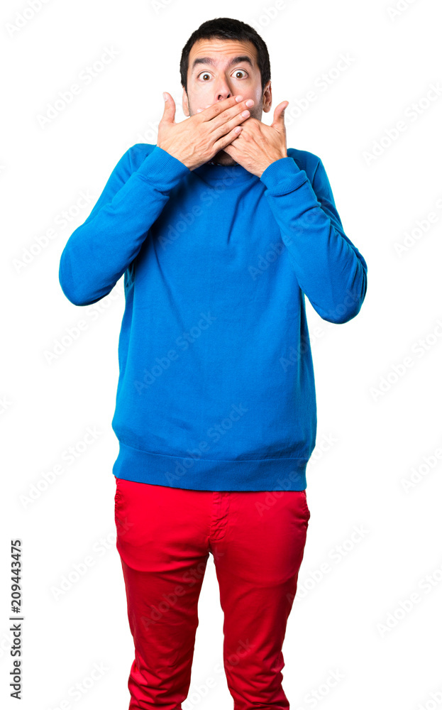 Handsome young man making surprise gesture on white background Handsome young man making surprise gesture on white background