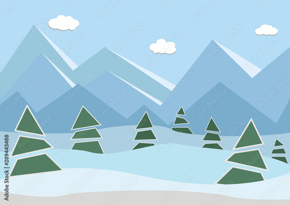 Winter landscape with snow, trees, mountain and clouds. Vector illustration.