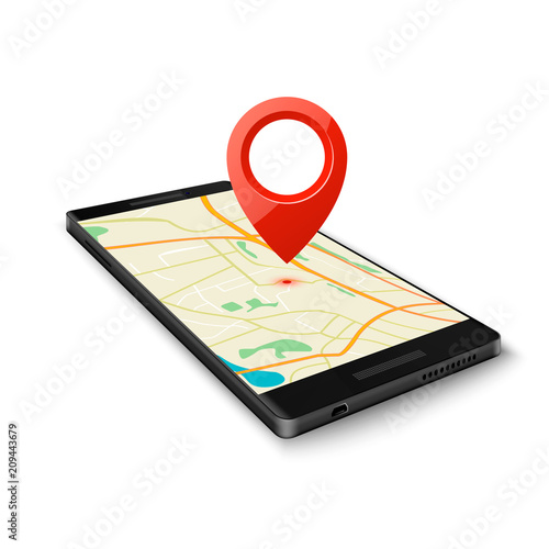 Black smartphone with map gps navigation application with pin point to current location isolated on white. Vector illustration