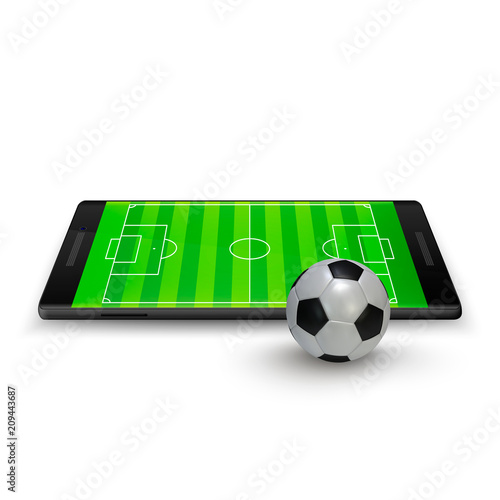 Sport betting online. Soccer onlite. Horizontal mobile phone with football soccer ball and field on the screen. Vector illustration Isolated on white background