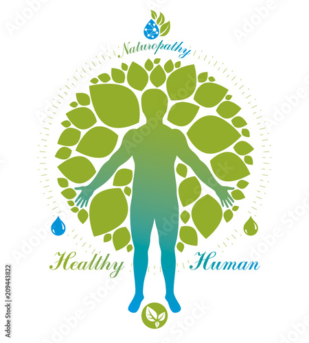 Vector illustration of human, athlete surrounded by green tree leaves. Wellness and harmony metaphor.