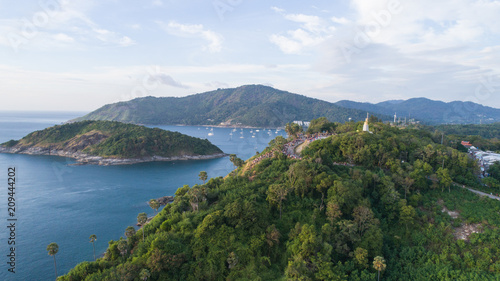 Aerial view of Promthep cape, Phuket, Thailand. 1st January 2018, In the evening. Promthep cape is very famous destination to see sunset.