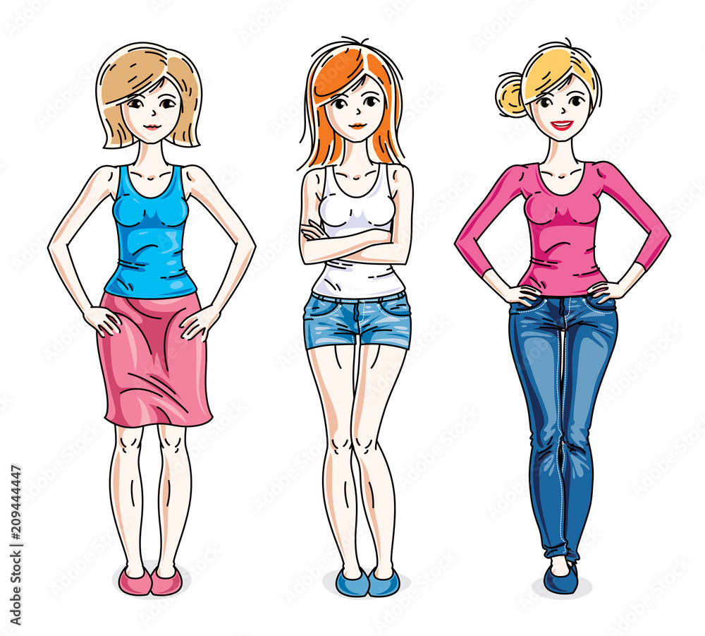 Attractive young women posing in stylish casual clothes. Vector diversity people illustrations set. Fashion and lifestyle theme cartoons.