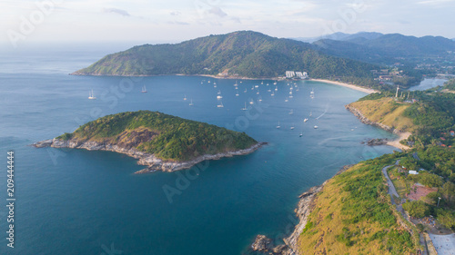 Aerial view of Promthep cape, Phuket, Thailand. 1st January 2018, In the evening. Promthep cape is very famous destination to see sunset.