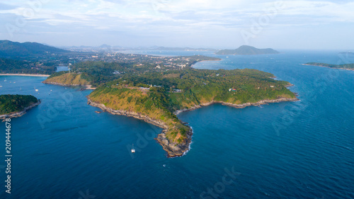Aerial view of Promthep cape, Phuket, Thailand. 1st January 2018, In the evening. Promthep cape is very famous destination to see sunset. © Palagorn