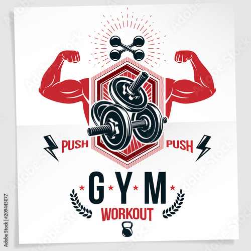 Gym advertising poster. Vector composition created using athletic sportsman biceps arm with disc weight dumbbell and kettle bell sport equipment.