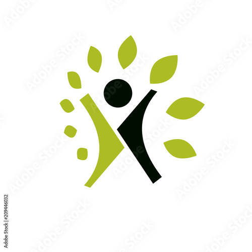Vector illustration of excited abstract person with raised hands up. Go green idea creative logo. Vegetarian theme logotype. Wanderlust and countryside vacation icon.