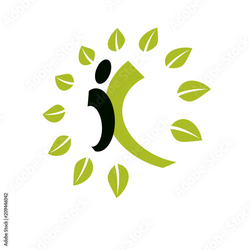 Vector illustration of excited abstract  man with raised reaching up. Go green idea creative logo. Healthy lifestyle metaphor. Vegetarian theme icon.