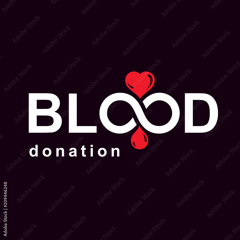 Blood donation inscription isolated on white and created with vector red blood drops, heart shape and infinity symbol. Medical theme graphic logo for use in charitable organizations. Blood donation inscription isolated on white and created with vector red blood drops, heart shape and infinity symbol. Medical theme graphic logo for use in charitable organizations.