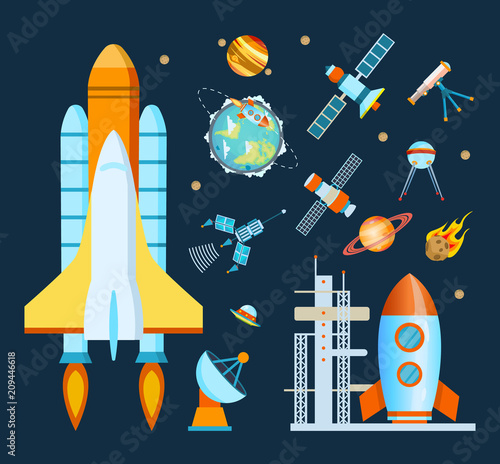 Concept space. Rocket, spacecraft, satellite launch, flight around the Earth.