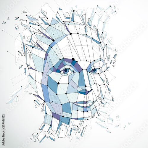 3d vector illustration of human head created in low poly style. Face of pensive female, smart person. Intelligence allegory, artistic deformed wireframe object broken into splinters and fragments.