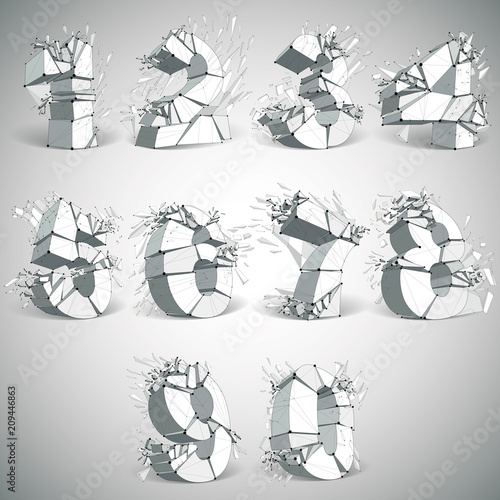 Perspective technology demolished numbers with black lines and dots connected, polygonal wireframe font. Explosion effect, Set of abstract faceted mathematics elements cracked into fragments.