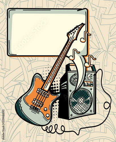 Music design - guitar, amplifier and speech bubble