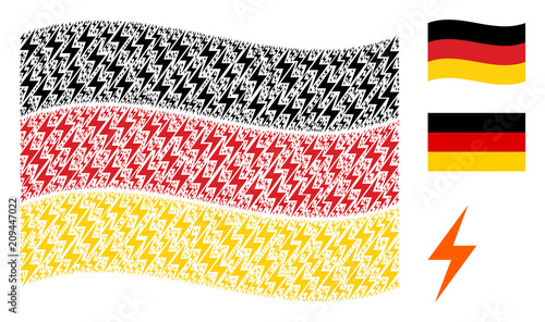 Waving German state flag. Vector electric bolt items are placed into conceptual German flag collage. Patriotic composition designed of flat electric bolt pictograms.