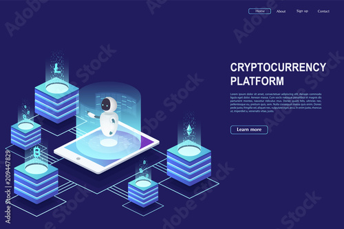 Cryptocurrency and blockchain. Robot is working on crypto start up using a smartphone.