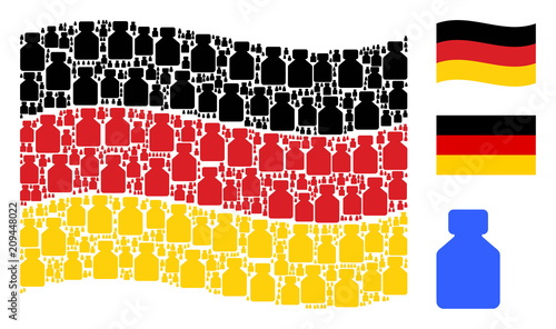 Waving German official flag. Vector liquid bottle design elements are formed into conceptual Germany flag composition. Patriotic collage constructed of flat liquid bottle elements.