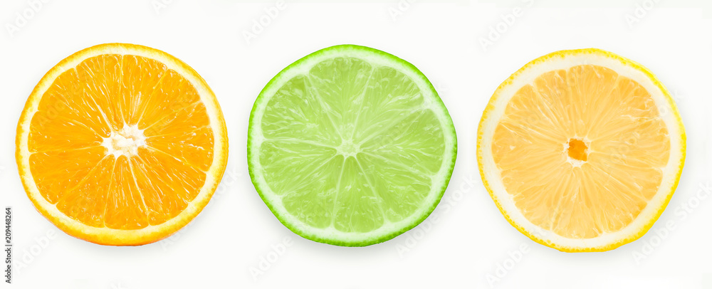 Obraz premium Citrus fruit. Orange, lemon, lime. Slices isolated on white background. Collection.