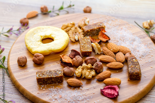 Mixed of Dried Fuits and Nuts on Wooden Table