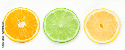 Citrus fruit. Orange, lemon, lime. Slices isolated on white background. Collection.