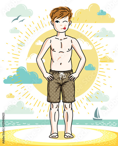 Little boy standing in colorful stylish beach shorts. Vector human illustration. Fashion theme clipart.