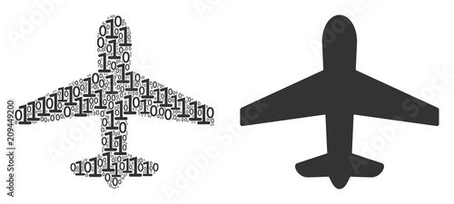 Airplane mosaic icon of one and zero digits in different sizes. Vector digits are composed into airplane composition design concept.
