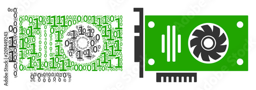 Video GPU card composition icon of zero and one symbols in different sizes. Vector digit symbols are scattered into video GPU card mosaic design concept.