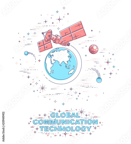 Communication satellite flying orbital spaceflight around earth, spacecraft space station with solar panels and satellite antenna plate, surrounded by stars and other elements. Vector.