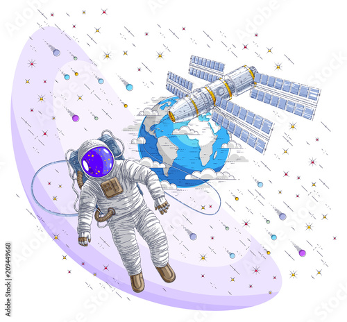 Astronaut flying in open space connected to space station, spaceman floating in weightlessness and iss spacecraft surrounded by undiscovered planets, stars and comets. Vector illustration isolated.