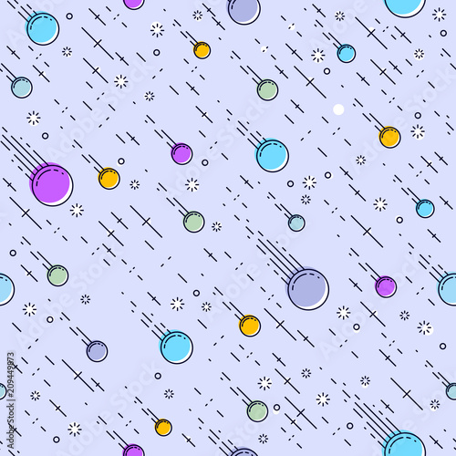 Seamless space background with comets, meteorite rain, cosmos fantastic textile fabric for children, endless tiling pattern, vector illustration.