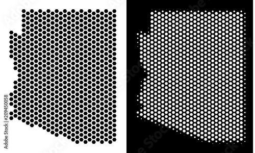 Hex-Tile Arizona State map. Vector geographic plan in black and white versions. Abstract Arizona State map mosaic is composed from honeycomb dots.
