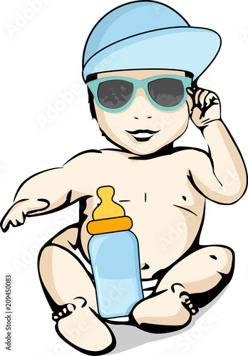 Un Bebe En Couche Culotte Est Assis Avec Un Chapeau Sur La Tete Des Lunettes De Soleil Et Un Biberon Stock Vector Adobe Stock Un Bebe En Couche Culotte Est Assis Avec Un Chapeau Sur La Tete Des Lunettes De Soleil Et Un Biberon Stock Vector Adobe Stock