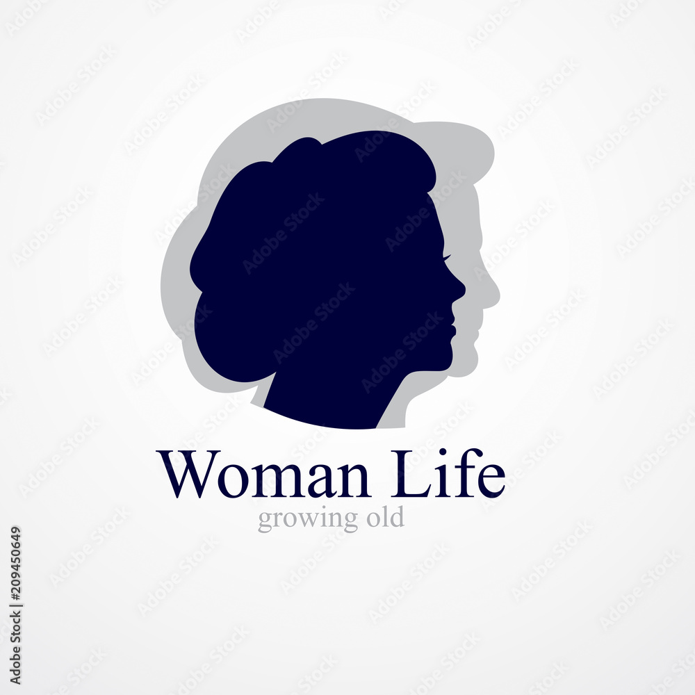 Woman getting old age years conceptual illustration, from woman to grandma, aging period and cycle of life. Vector simple classic concept icon or logo design.