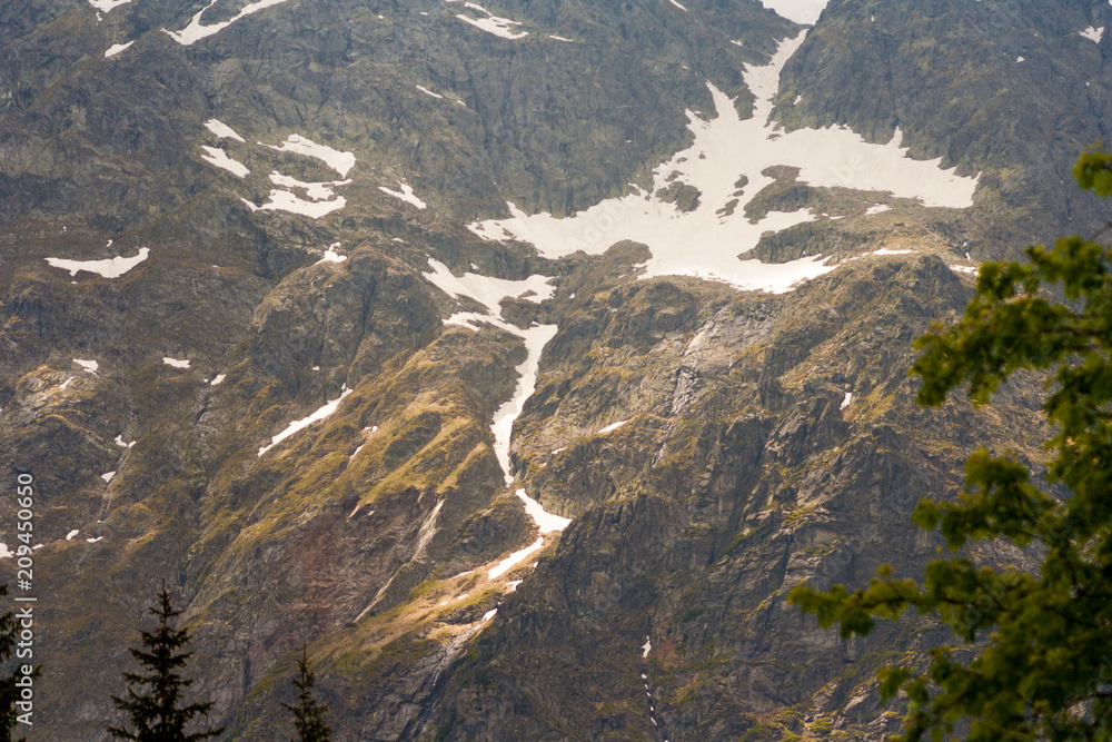 A mountain slope covered with eternal snow. Springtime view of greenery in a mountain lake on the Morskie Oko ('Sea Eye') in Poland A mountain slope covered with eternal snow. Springtime view of greenery in a mountain lake on the Morskie Oko ('Sea Eye') in Poland