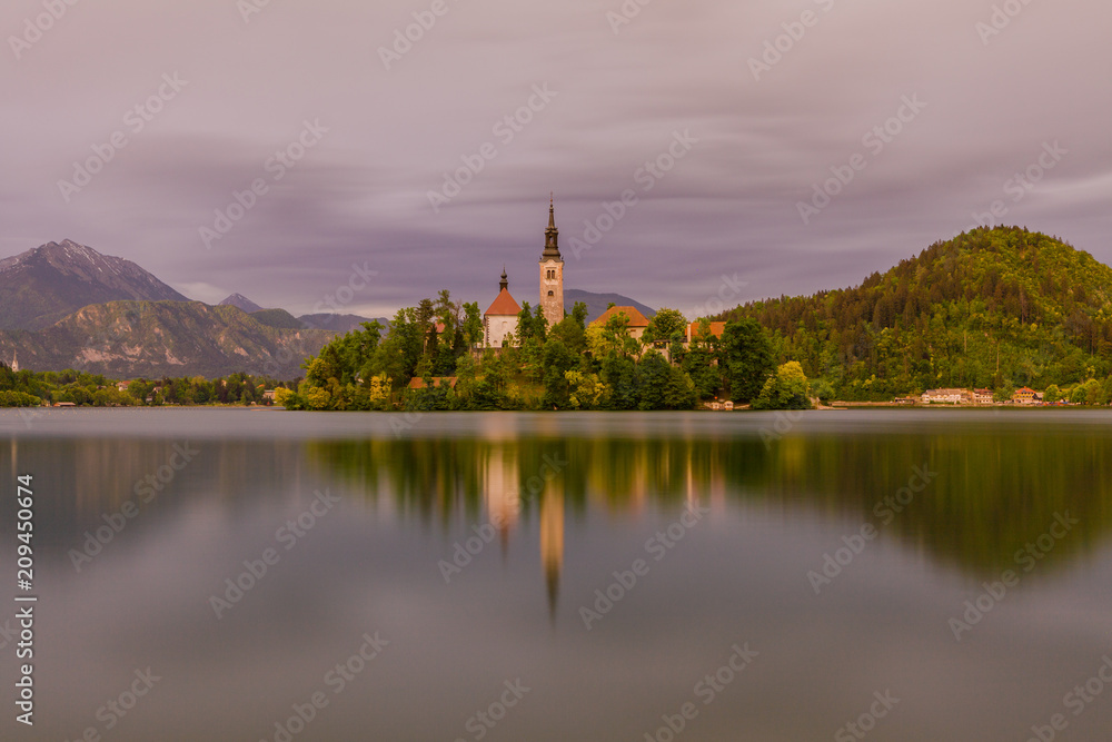 Lake Bled with island and a church on it, in background, Bled , Slovenia