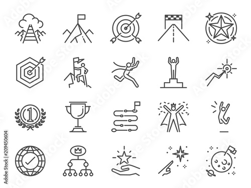 Goal and achievement icon set. Included the icons as achieve, success, target, roadmap, finish, celebrate, happy and more
