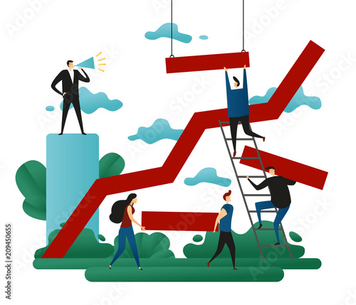 Office Cooperative Teamwork. Success Building. Line Growth Direction to a Successful Path. Business Concept Vector Illustration