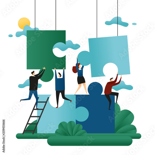 Office Cooperative Teamwork. People Build Puzzles. Problem Solution Business Concept Vector Illustration
