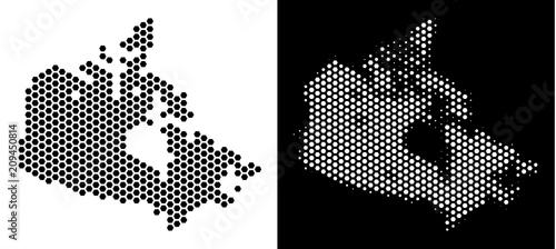 Hex-Tile Canada map. Vector territorial plan in black and white variants. Abstract Canada map concept is made from honeycomb spots.