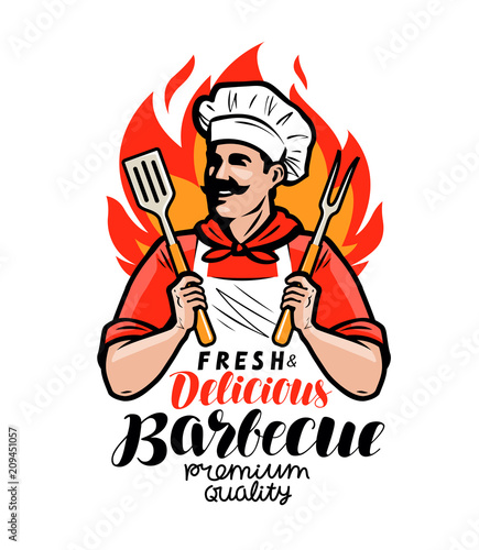 Barbecue logo or label. Cook or happy cook holding a grill tools spatula and fork. Lettering vector illustration