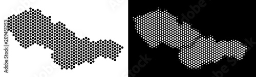 Honeycomb Czechoslovakia map. Vector geographic scheme in black and white variants. Abstract Czechoslovakia map mosaic is designed with hex tile items.