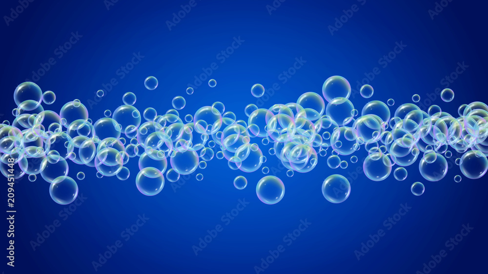 Bath foam on gradient background. Realistic water bubbles 3d. Cool rainbow colored liquid foam with shampoo bubbles. Cosmetic flyer and invite. Bath foam for bathroom and shower. Vector EPS10.