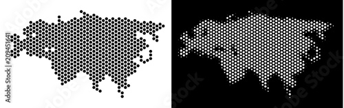 Hex Tile Eurasia map. Vector territory scheme in black and white variants. Abstract Eurasia map concept is composed from hexagonal blots.