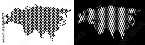Honeycomb Europe and Asia map. Vector territory plan in black and white variants. Abstract Europe and Asia map composition is combined of hex tile blots.