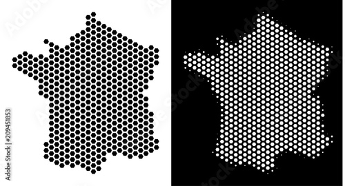 Hexagon France map. Vector territory plan in black and white versions. Abstract France map composition is consisting of hex tile items.