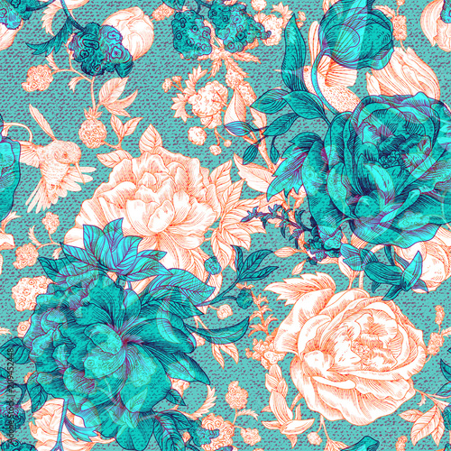 Fototapeta Wektorowy rocznika wzór z różami i peoniami. Retro kwiatowy tapety, kolorowe tło