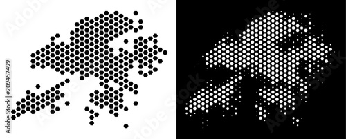 Honeycomb Hong Kong map. Vector territorial plan in black and white versions. Abstract Hong Kong map mosaic is designed with hexagonal blots.