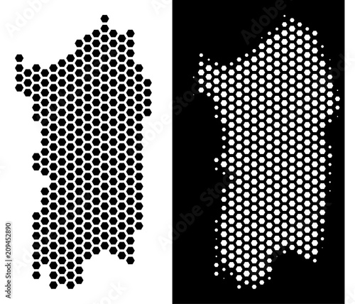 Honeycomb Italian Sardinia Island map. Vector territory plan in black and white versions. Abstract Italian Sardinia Island map concept is done with hexagonal dots.